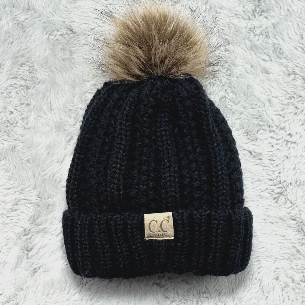 CC Kids Fuzzy Lined Fur PomPom Beanie Unisex Cozy Stretch Logo Cable Knit Black